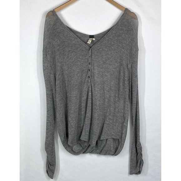 We The Free Gray Henley Open Back V Neck Long Sleeve T Shirt Tencel Size S - Picture 1 of 11